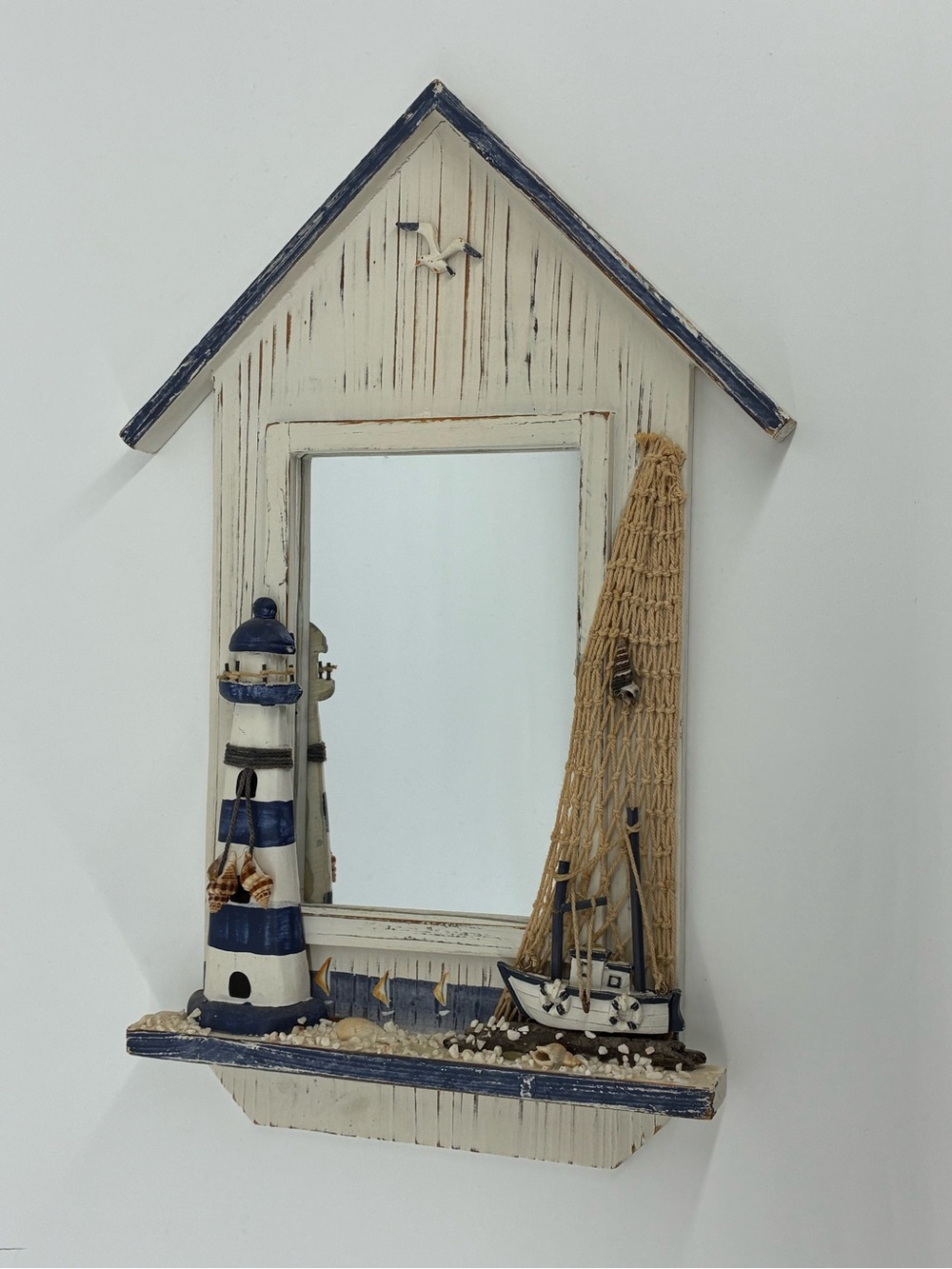 Nautical Lighthouse Sailboat Fisherman Fishing Wall Accent Mirror Distressed